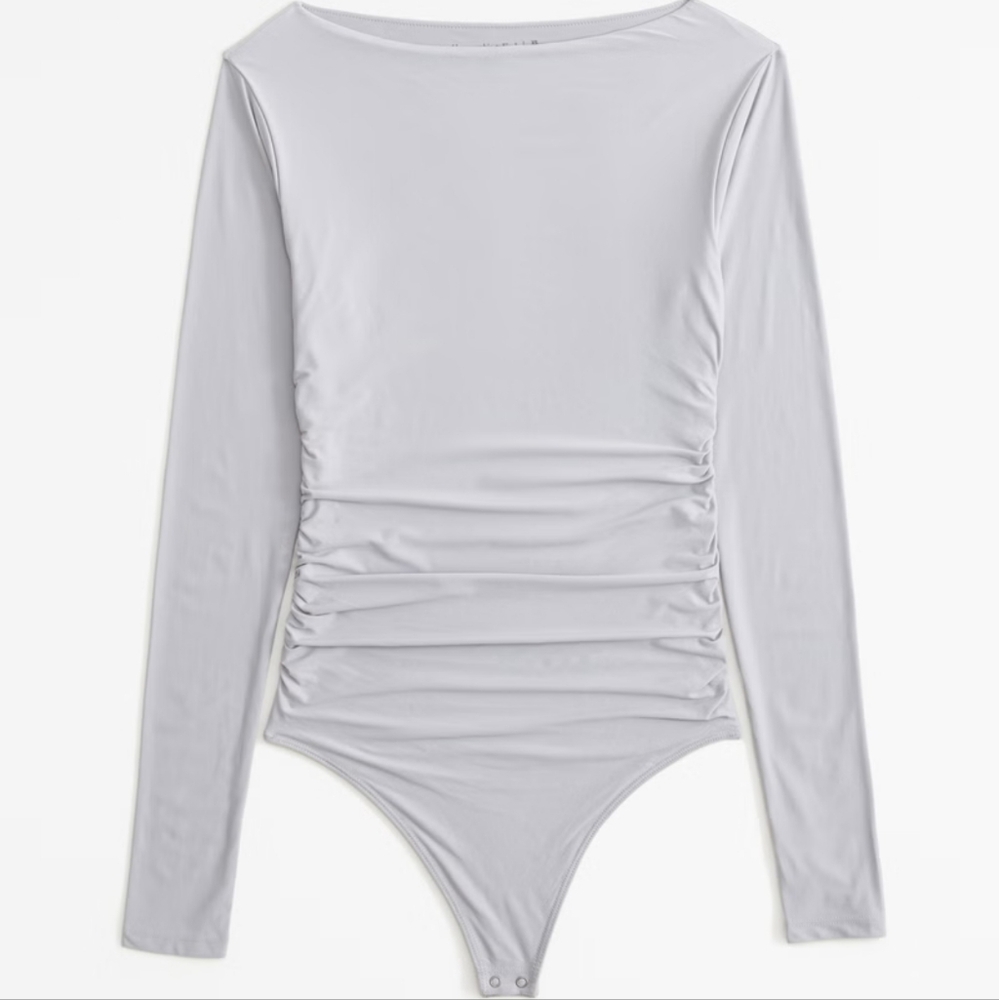 Abercrombie & Fitch Women's Soft Matte Long-Sleeve Ruched Bodysuit Grey XS